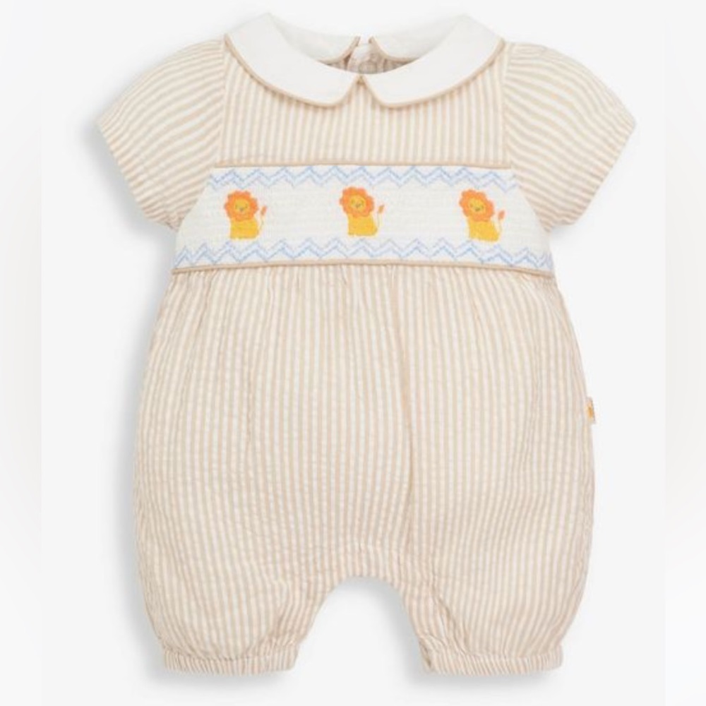 JoJo Maman Bebe Lion Embroidered Smocked Baby Romper 18-24 Months